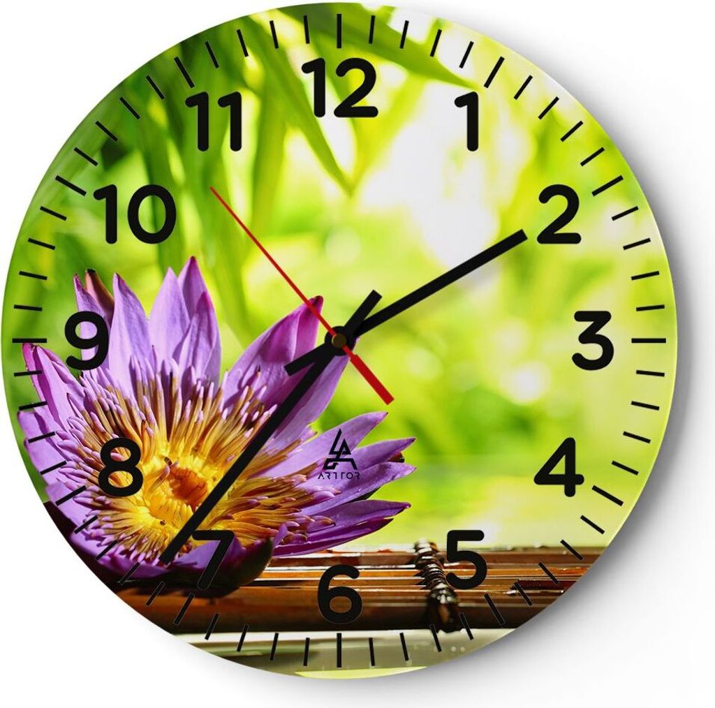 Wanduhr - Rund - Glasuhr - Asien spa bambus blume - 30x30cm - Schleichendes Uhrwerk - Lautlos - zum Aufhängen bereit - Dekoration Modern - Wanddek...