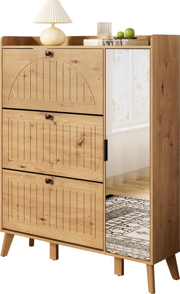 Moderner Schuhschrank mit Spiegel und Klapptüren – Hochformatiger Flurschrank mit 3 Klappfächern, Ablage und Spiegel – Platzsparender Schuh-O...