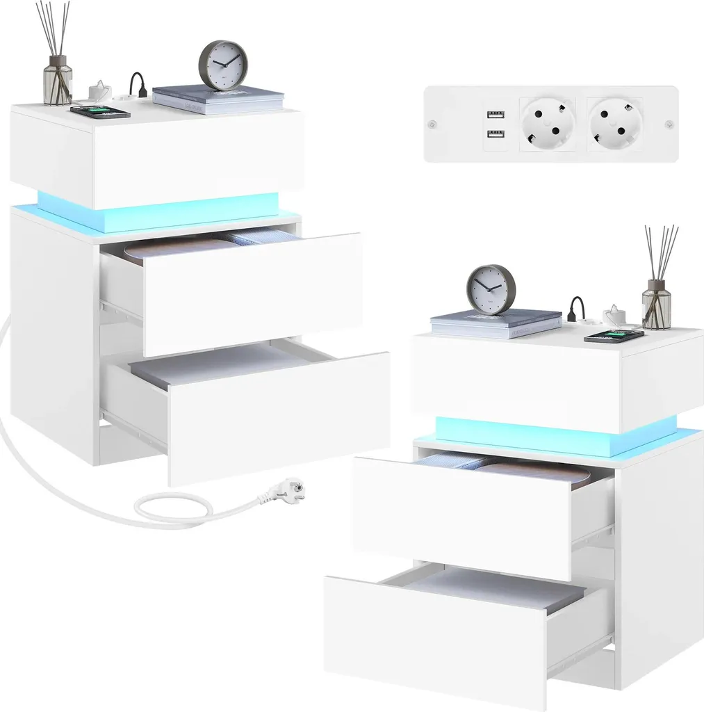 Lot de 2 tables de chevet bleues avec LED et USB - Mobilier de chambre