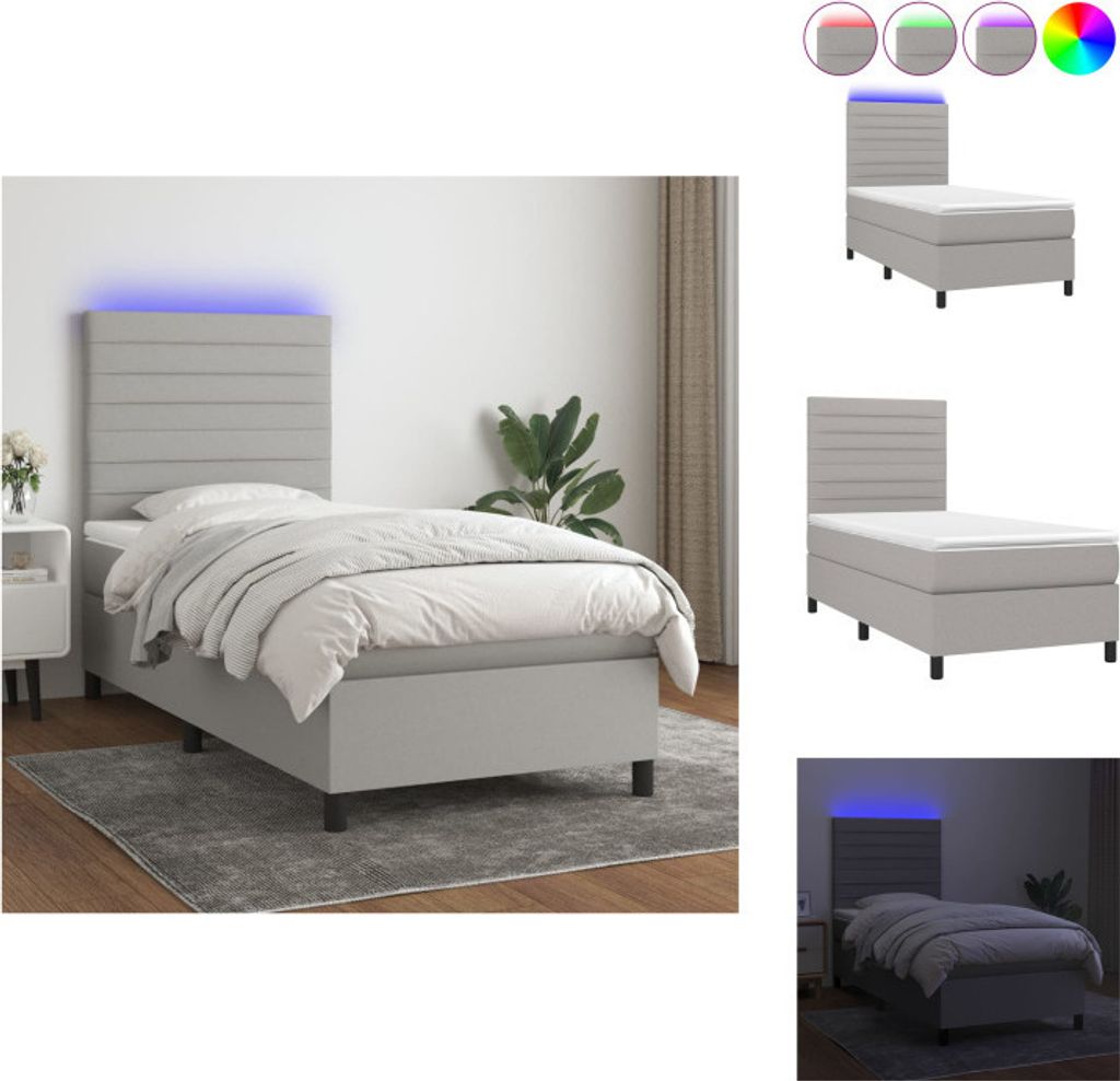 vidaXL Boxspringbett mit Matratze & LED Hellgrau 100x200 cm Stoff - Betten & Bettgestelle