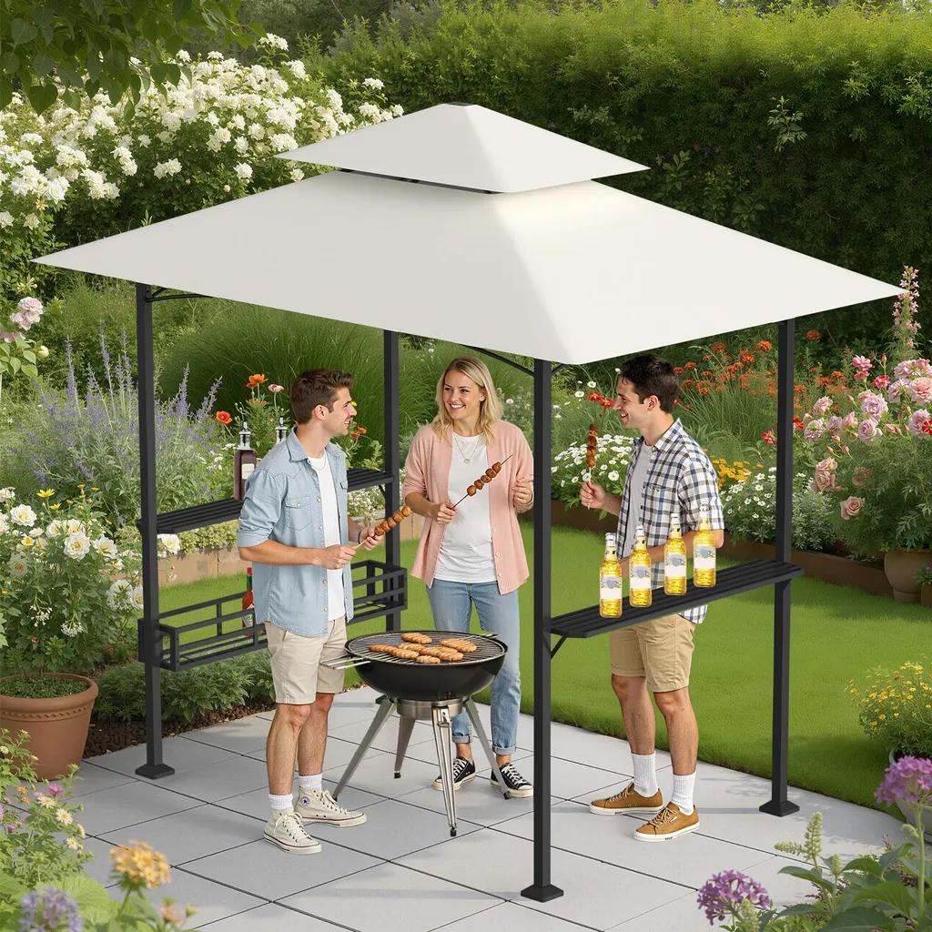 Kiosque de Barbecue Ikodm Double Toit Beige 238x148x250cm avec Crochets