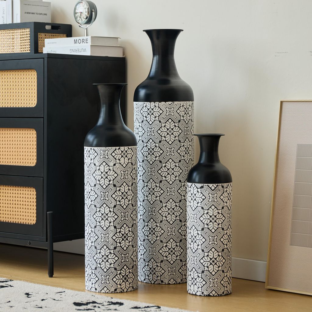 Bodenvase groß 3er Set - Große Deko Metallvasen mit geometrischem Muster, Übertöpfe für Pflanzen als Zimmerdeko für Wohnzimmer, Flur & Büro,...