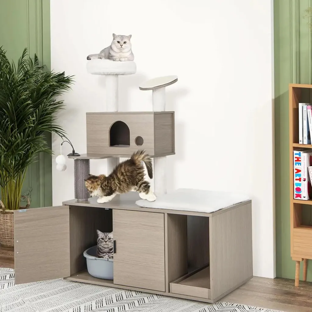 Arbre à chat en bois 132 cm avec colonnes en sisal et panier douillet gris