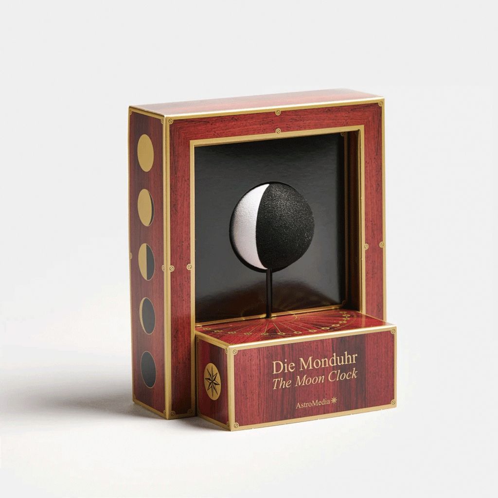 A product display box for a moon clock, showing the clock mechanism inside.