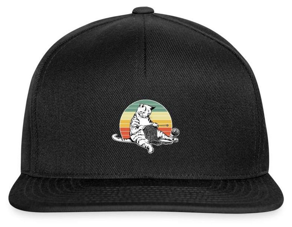 Spreadshirt Strickende Katze | Retro Katze Mit Wolle Snapback Cap, One size, Schwarz/Schwarz