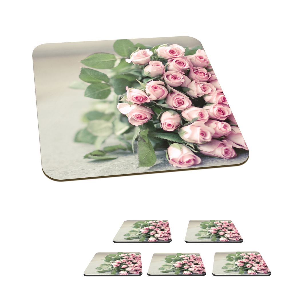 KitchenYeah Glasuntersetzer Quadratisch 6er Set Rosen - Rosa - Stein 10x10 cm Untersetzer für Gläser - Getränkeuntersetzer - Tischplattenschu...