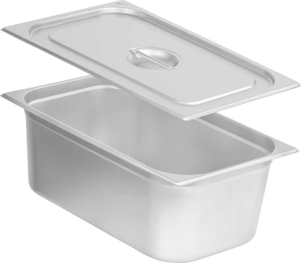 A silver stainless steel food pan with a lid, shown from a slightly elevated front-left angle.