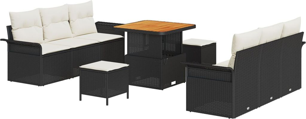 Möbel 9-teiliges Garten-Sofa-Set mit Kissen aus schwarzem Poly-Rattan, 2-Sitzer Garten-Sofa mit Stauraum & Kissen aus schwarzem Poly-Rattan, 3-tlg...