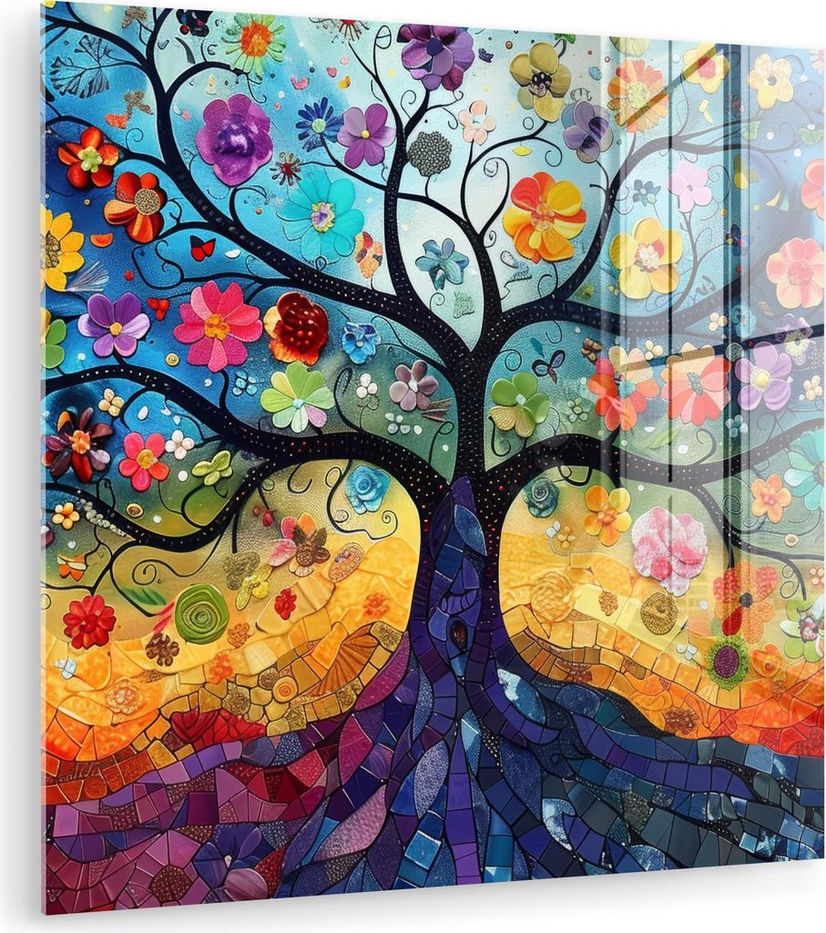 MuchoWow Glasbilder - Bilder auf Wandbild - Foto auf Glas Baum - Bunt - Blumen - Kunst - Abstrakt 30x30 cm Wanddekoration aus Glas - Acrylglasbild ...