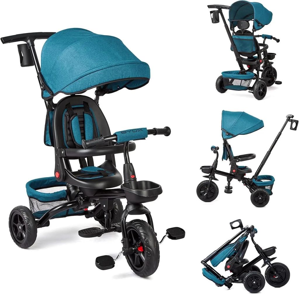 6-in-1 Kinderdreirad - Kinderwagen-Dreirad - Zusammenklappbar - Drehbarer Sitz - Schiebestange - Mit Pedalen - 1–2 Jahre - Bis 10 kg - Dunkelgrün