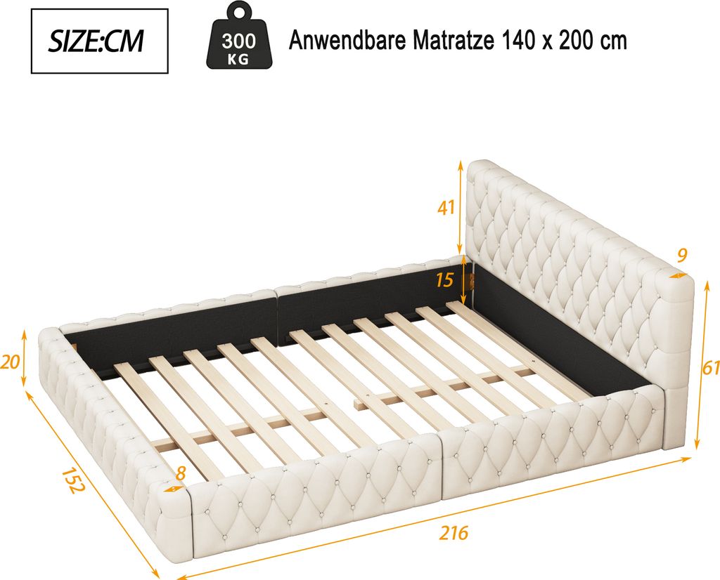 Łóżko tapicerowane Merax 140x200cm ze stelażem z listew, Zdjęcie produktu 3
