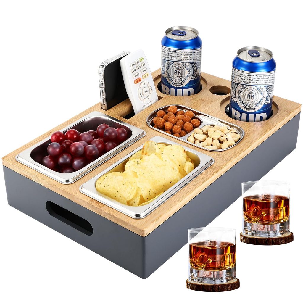 Couchbar Snackbox, Mit Snackschalen Aus Edelstahl,mit Abnehmbarer Deckel, Couch Tablett, Sofaablage für Wohnzimmer Schlafzimmer Garten Camping