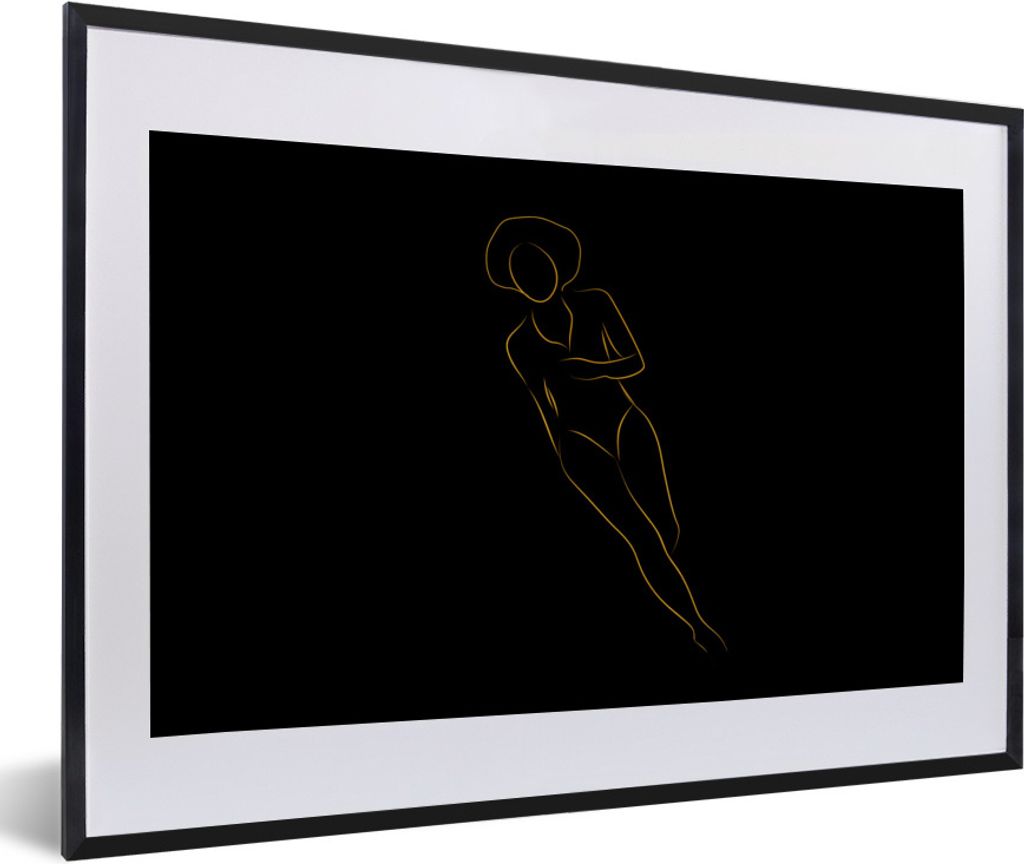 MuchoWow Gerahmtes Poster Frau - Gold - Schwarz - Strichzeichnung 60x40 cm - Poster mit Schwarzem Bilderrahmen Wandposter Rahmen Foto Bilder - Sc...