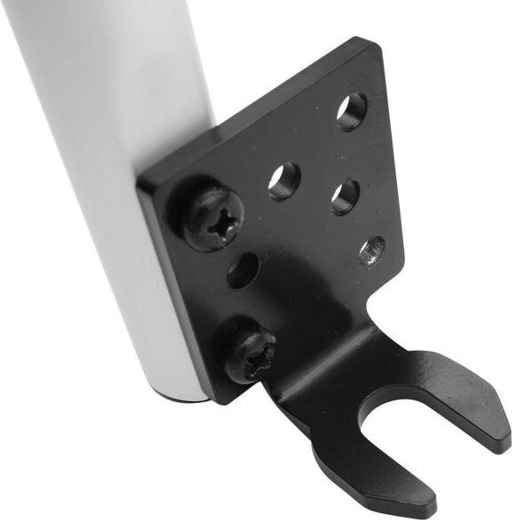 A close-up view of a black metal bracket attached to a silver cylindrical object, likely a part of a car mount.