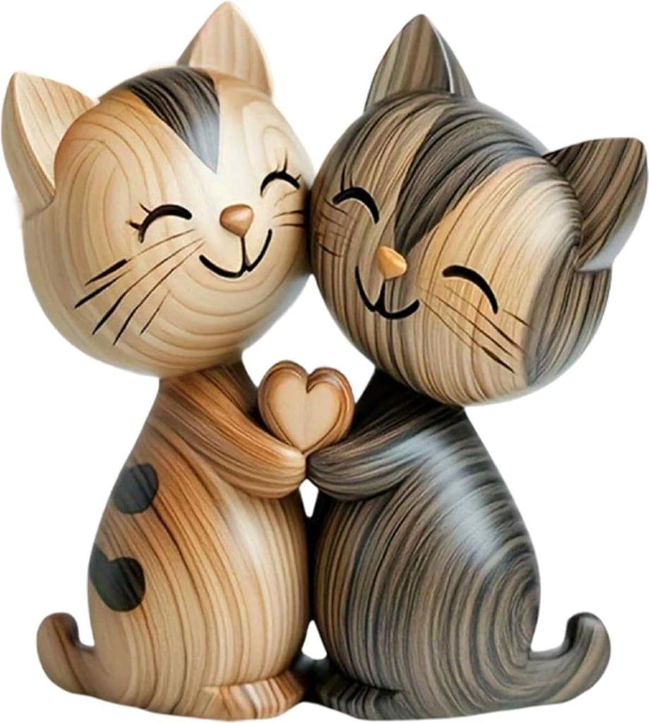 Doppelte Katzenfigur aus Holz, 2D flache Schreibtischdekoration, Katzendekoration aus Naturholz, minimalistische Schreibtischdekoration 2 Stück