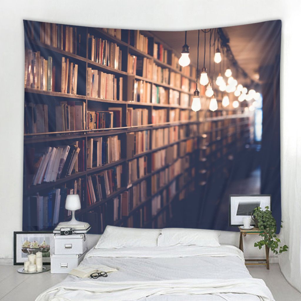 150x130cm Tapisserie-Wandbehang, Wandbehänge, Wandteppich, Retro-Bücherregalmuster, Bibliotheksmuster, Böhmisches Mandala, Hippie-Landschaft, Wa...