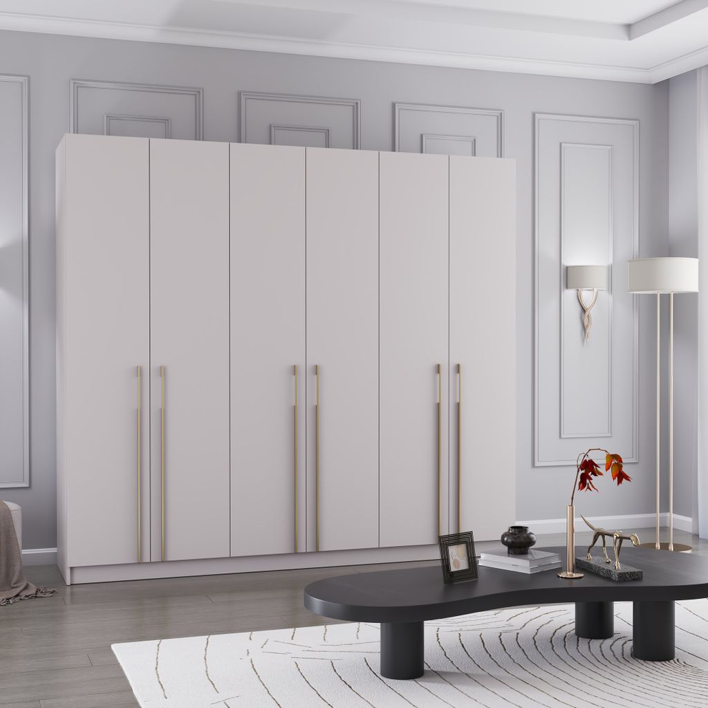 Drehtürenschrank sechstürig in Kaschmir/Kaschmir
Breite:	230 cm
Höhe: 210 cm	
Tiefe: 57 cm