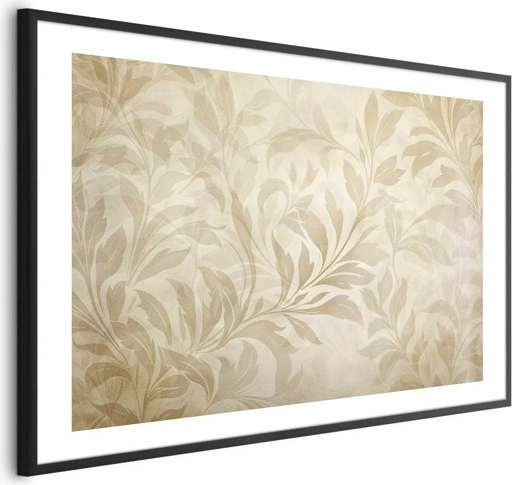 Quadro Moderno Foglie di Sabbia 60x40 con Cornice Nera e Bordo Bianco