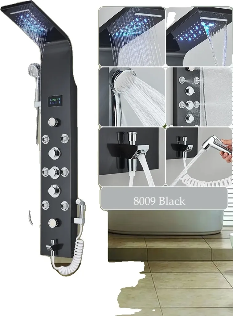 Panneau de Douche LED 8009 Noir avec 3 Poignées et Double Fonction
