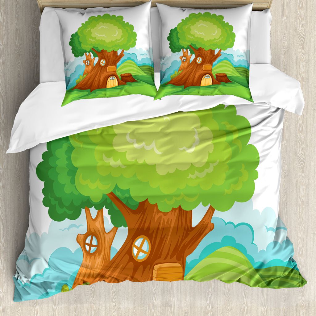 ABAKUHAUS Baumhaus Bettbezug Set für Einzelbetten, Cartoon-Fantasie Startseite, Milbensicher Allergiker geeignet mit Kissenbezug, 200 cm x 200 cm ...