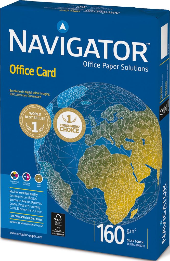 A box of Navigator Office Card paper, featuring a globe graphic and branding.
