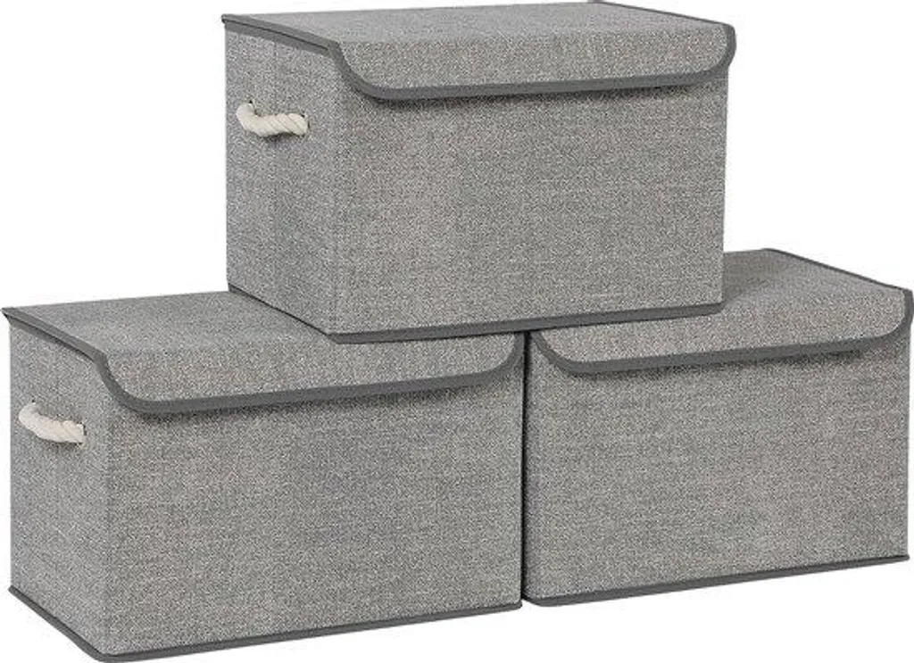 Boîte de rangement souple en tissu coton gris avec couvercle lot de 3