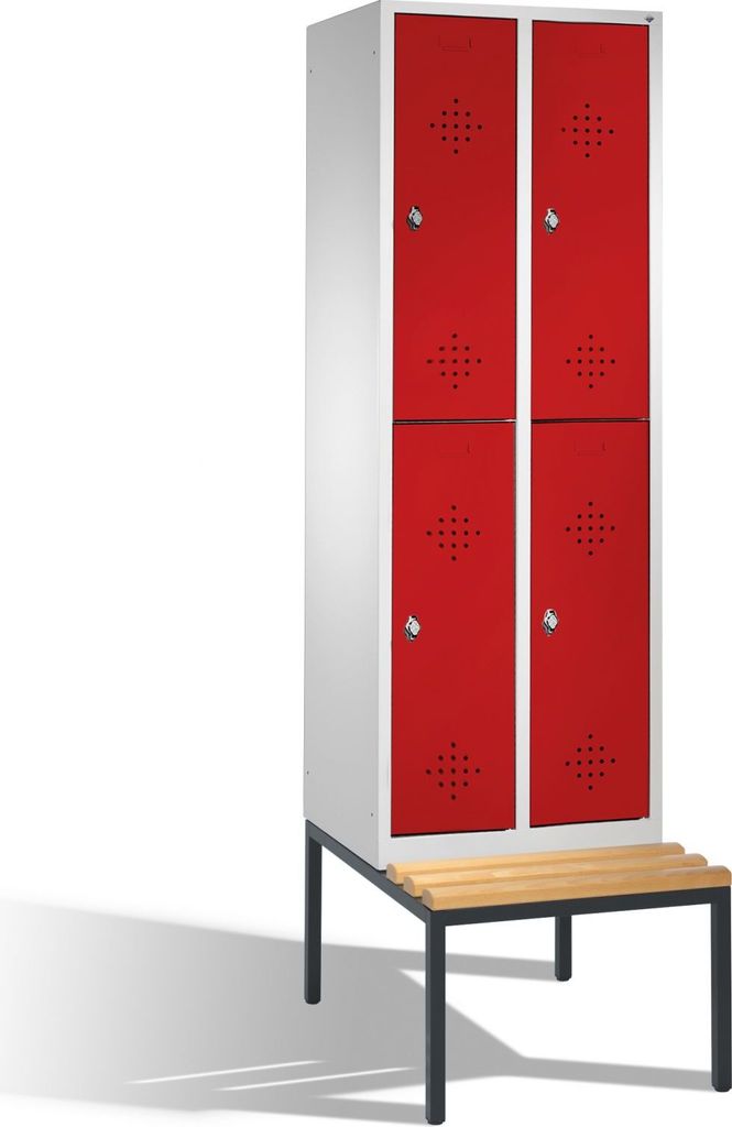C+P Spind doppelstöckig Classic mit Sitzbank | 4 Abteile | HxBxT 209x30x81,5cm | Lichtgrau/Rubinrot