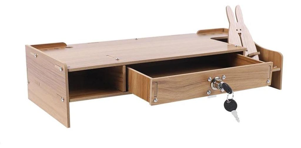 Monitorerhöhung Holz - Schreibtisch Organizer - MDF Monitorständer - Abschließbare Schublade - Handyhalter & Stiftnut - Ergonomischer Laptopstä...