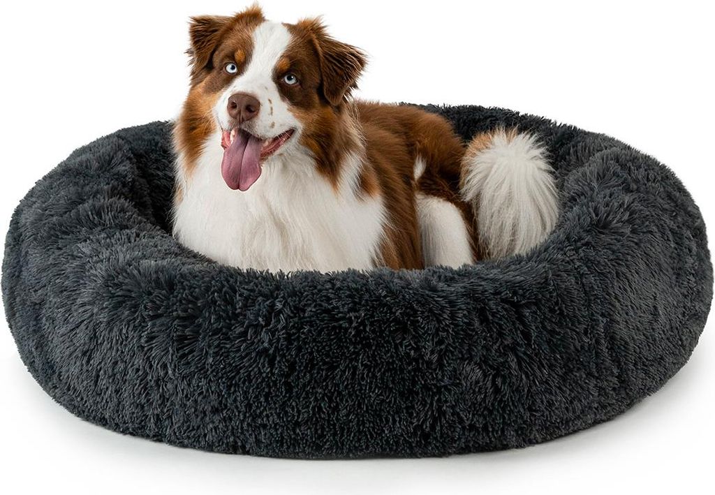lionto Donut Hundebett, rundes Hundesofa mit Plüschbezug & Anti-Rutsch-Noppen, weich & gemütlich, 100 cm Durchmesser, dunkelgrau