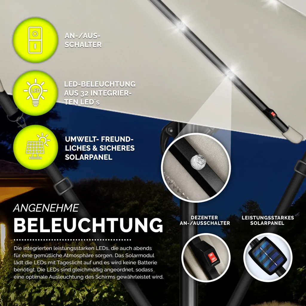 tillvex ombrellone a sbalzo in alluminio Beige LED Solar Ø 350 cm con manovella | ombrellone con interruttore on/off | ombrellone da giardino protezione UV alluminio | ombrellone a manovella con supporto ombrellone da mercato impermeabile - 8