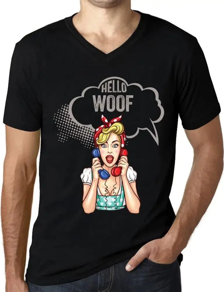Herren Grafik T-Shirt V-Ausschnitt Hallo Wuff – Hello Woof – Öko-Verantwortlich Vintage Jahrgang Kurzarm Lustige Druck Geburtstag Geschenk Mann
