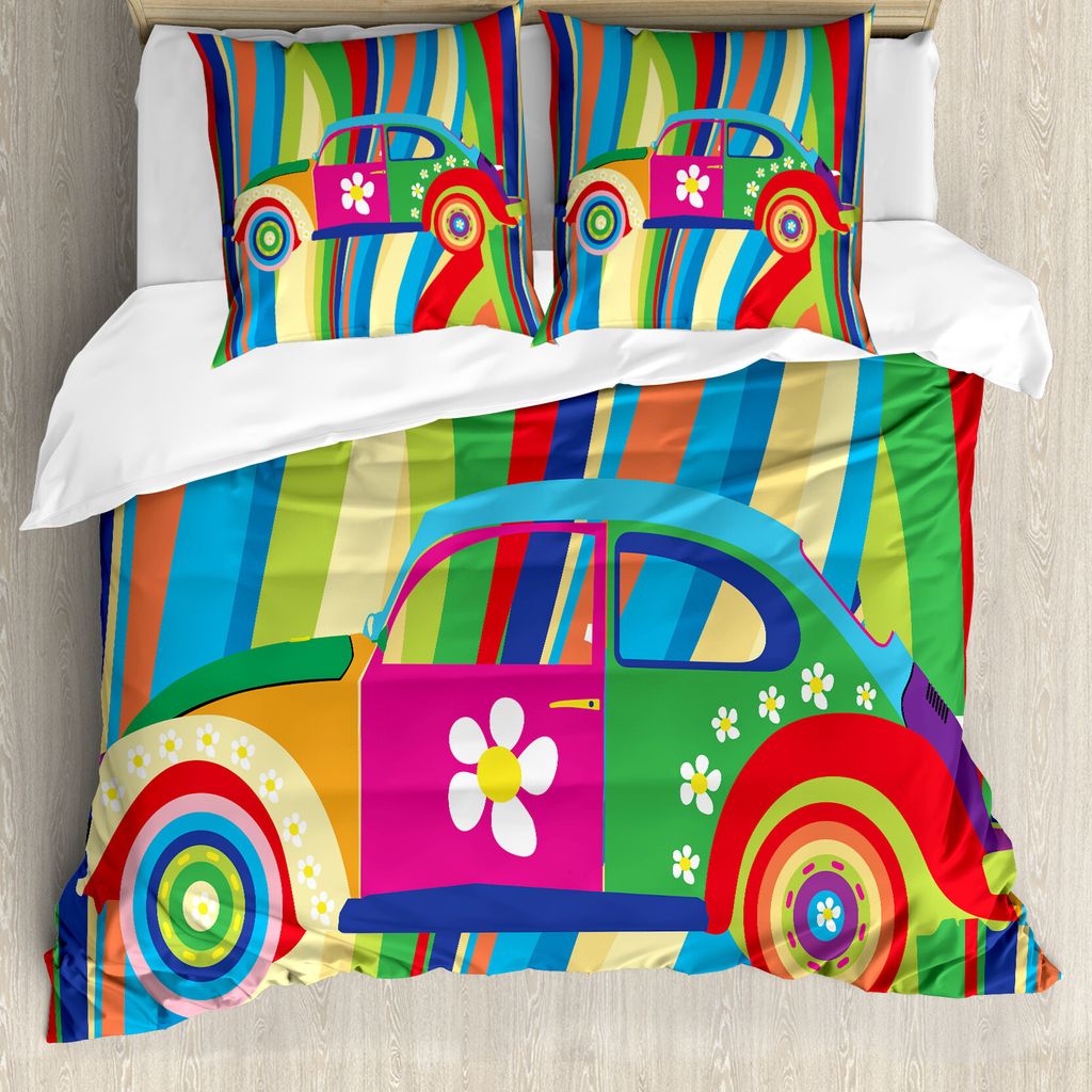 ABAKUHAUS Modern Bettbezug, Hippie-Art Classic Car, Milbensicher Allergiker geeignet mit Kissenbezügen, 200 cm x 200 cm - 80 x 80 cm, Mehrfarbig