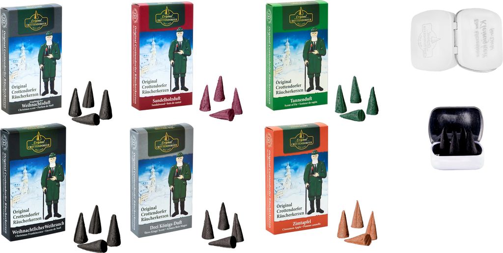 Crottendorfer Räucherkerzen 6er Set - Traditionelle Weihnachtsdüfte - Inklusive 4er Dose Haamitkerzle