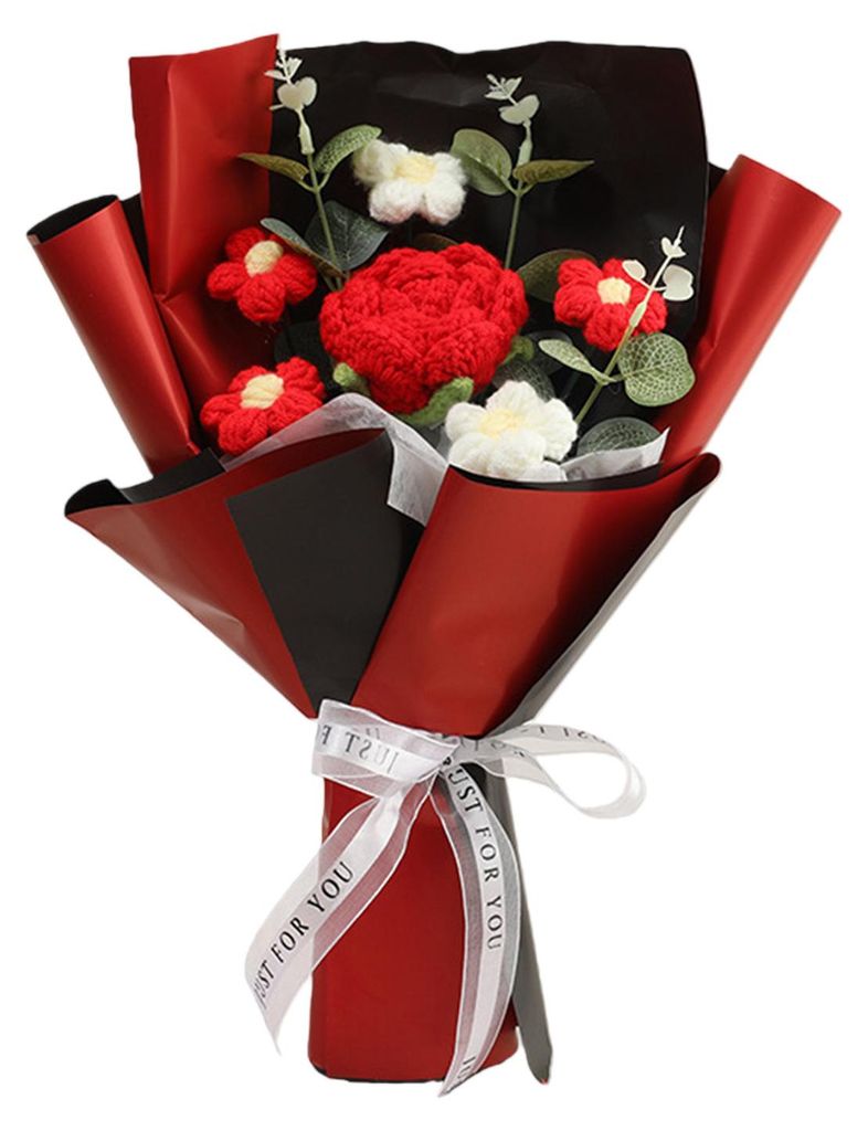Handgehäkelter Blumenstrauß mit fertigen, gestrickten Rosenblüten für Valentinstag, Muttertag, Geburtstag, Heimdekoration und Hochzeiten
