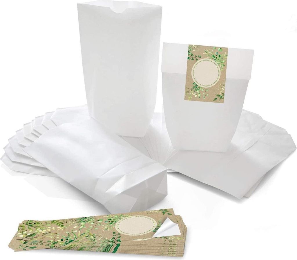 Logbuch-Verlag 50 weiße Geschenktüten Kindergeburtstag + 50 Geschenkaufkleber – Papierbeutel zum Verpacken von Geschenken Mitgebsel buntBlätte...