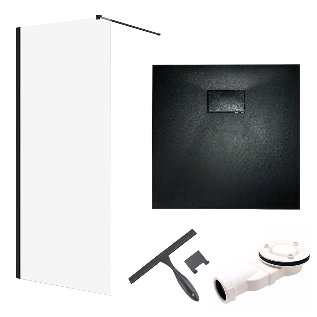 SET Walk-In Dusche 80x195 + Duschwanne 80x80 Quadratisch Gehärtet 8mm Nano Glas Schwarz Steinoptik SMC inkl. Siphon & Badwischer | BADLAND KETIL V...