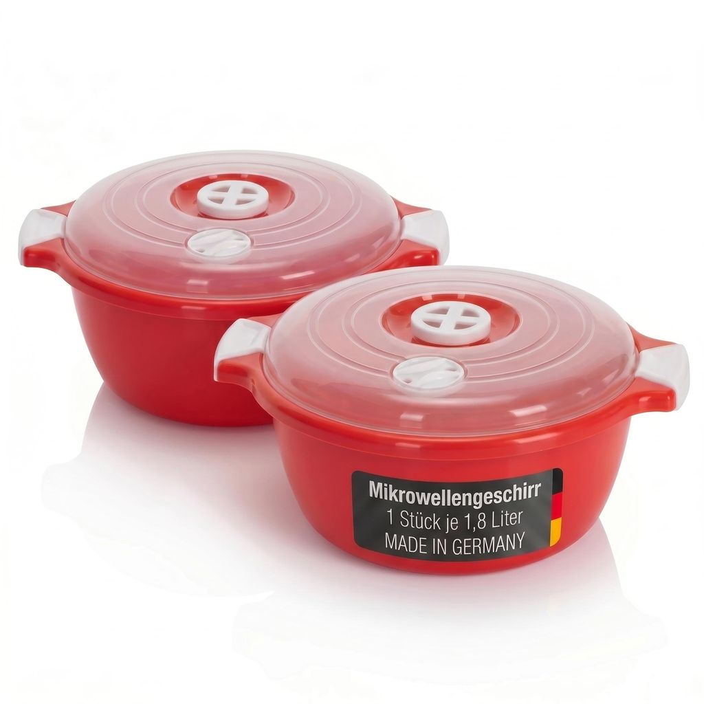 2 Stück Set Mikrowellenschüssel mit Deckel und Dampfventil Volumen 1,8 Liter Mikrowellenbehälter Rot rund Mikrowellen Kühlschrank Picknick Sch...