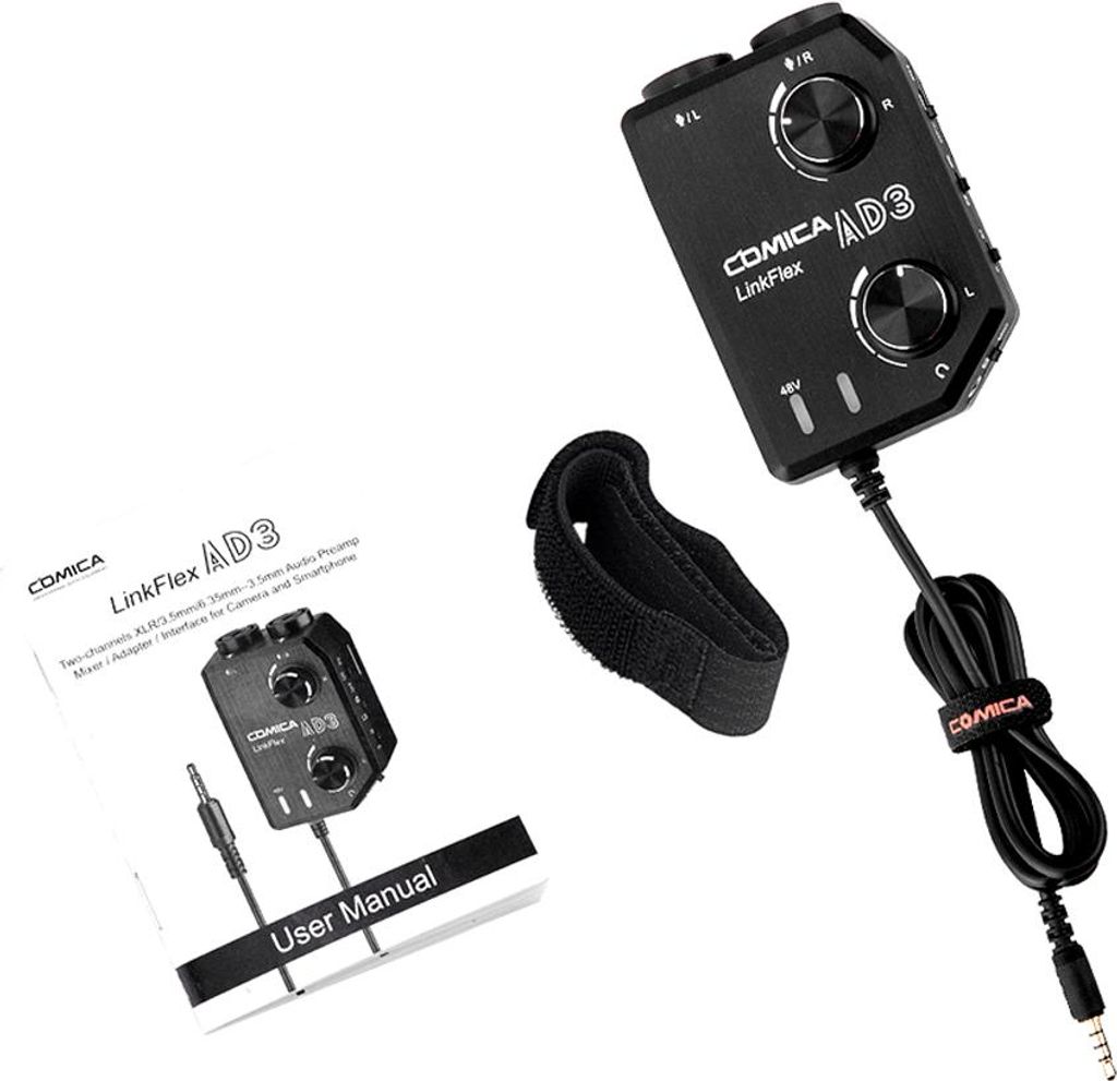 Comica linkflex ad3 Zweikanal XLR/3,5 mm/6,35 mm-3,5 mm Audio-Vorverstärker-Mixer/Adapter-Schnittstelle für 3,5 mm DSLR-Kameras und Smartphones