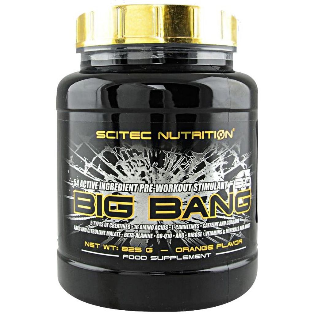 A black plastic container of Scitec Nutrition Big Bang pre-workout supplement with a gold lid, set against a white background.