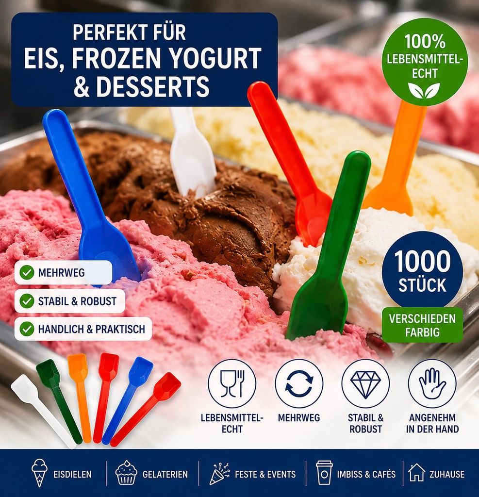 Mehrweg Eislöffel 1 Kg – Bunt Sortiert, 10 Cm, Stabiler Kunststoff, Für Gastronomie & Party
