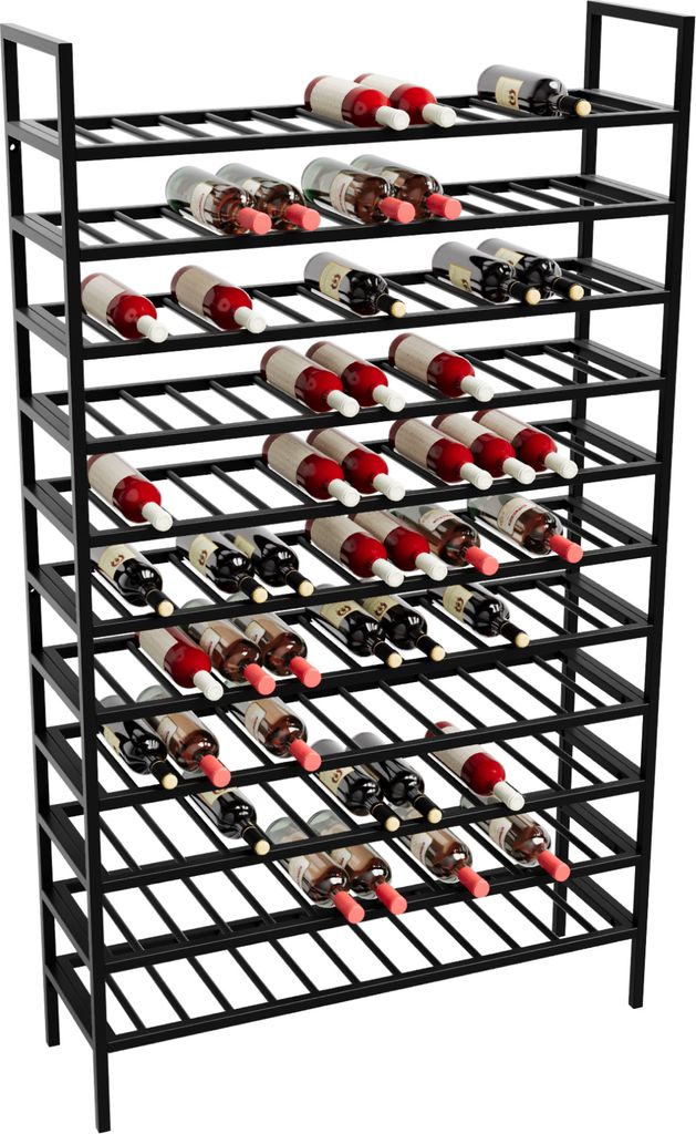 A black metal wine rack filled with wine bottles.