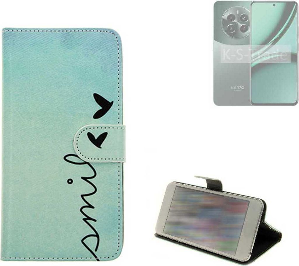 K-S-Trade Schutz Hülle Handy Hülle kompatibel mit Realme Narzo 70 Pro 5G Hülle Handyhülle cover bookstyle Etui Handyhülle “smile“ türkis