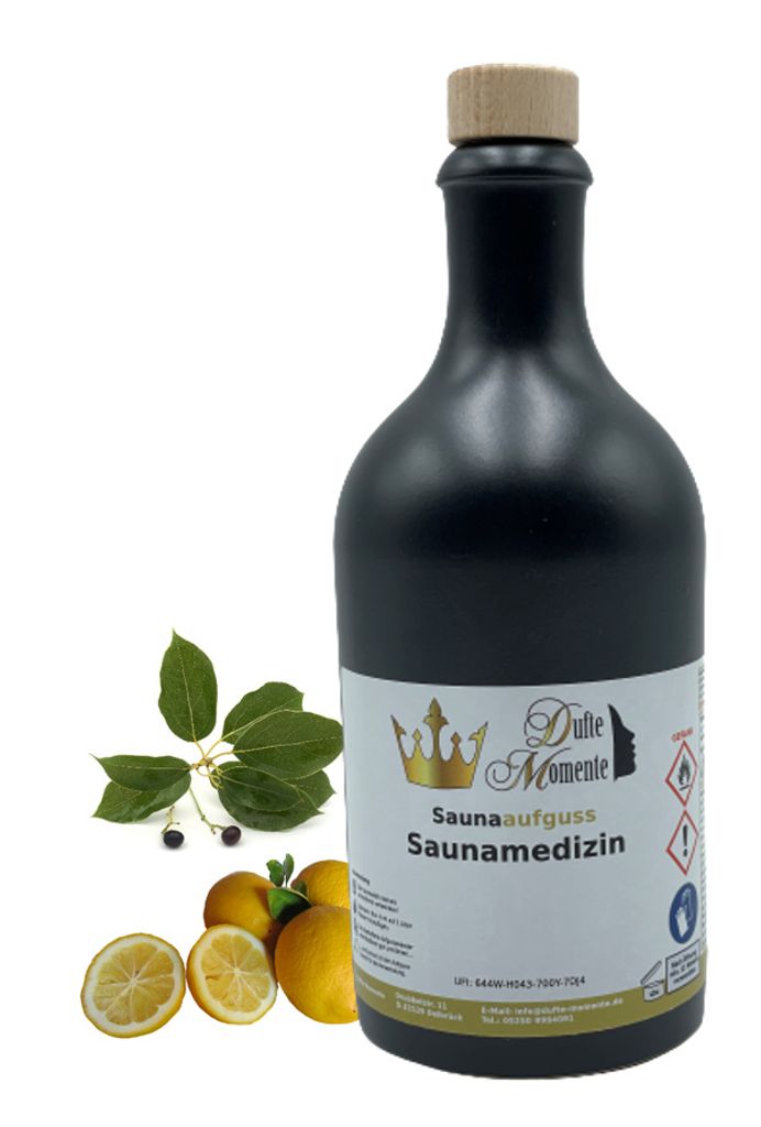 Dufte Momente | Saunaduft Konzentrat Saunamedizin (Kampfer, Zitrone) 500ml in schwarzer Steingutflasche | naturreine ätherische Öle | vegan