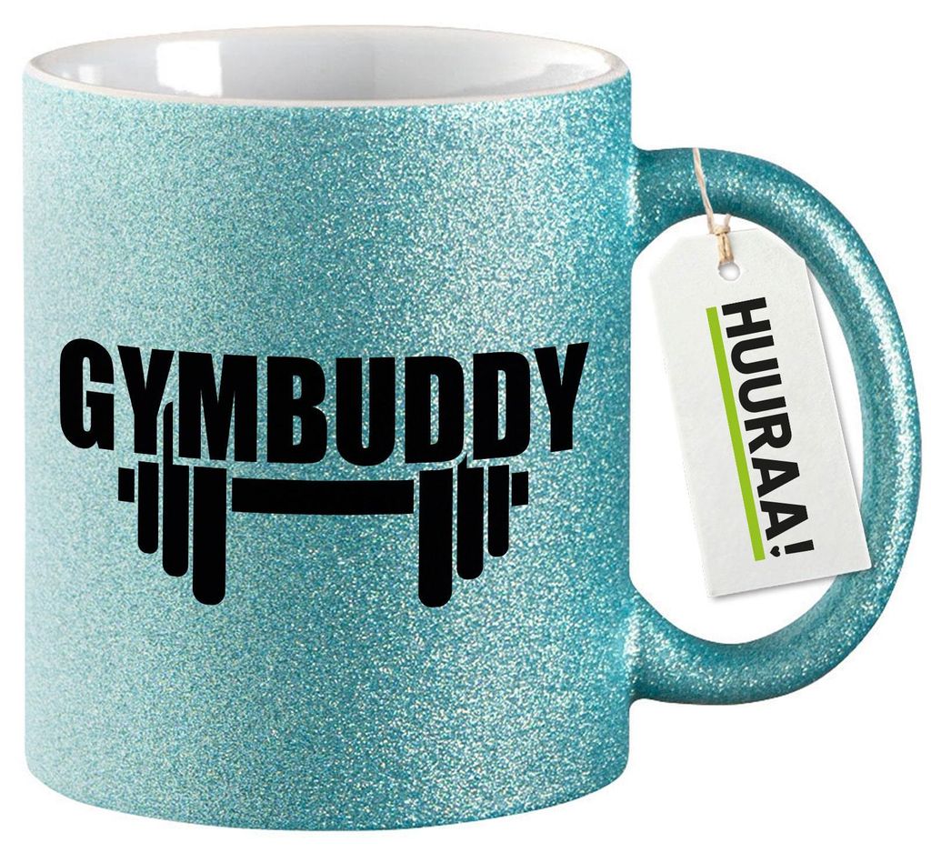 Huuraa Glitzertasse Gymbuddy Hantel 330ml Blau Keramik Kaffeebecher Geschenkidee