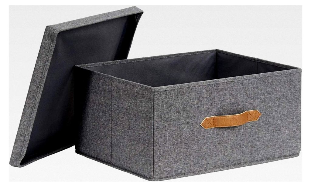 Premium Aufbewahrungsbox aus Stoff mit Deckel - Hochwertiger Leinenstoff - Verstärkt mit Holz - Extra groß und stabil - Grau - 43x33x21 cm