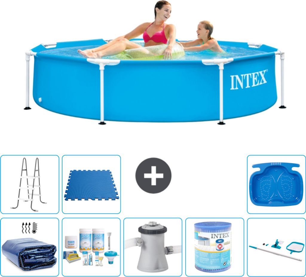 Intex-Schwimmbecken mit rundem Rahmen – 244 x 51 cm – Blau – im Lieferumfang enthalten Sonnensegel - Wartungspaket - Filterpumpe für Schwimm...