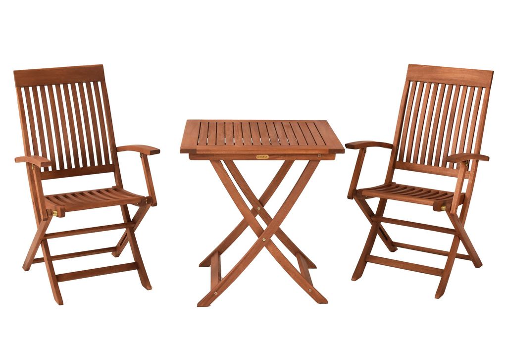 A wooden garden furniture set consisting of two chairs and a table, displayed on a white background.