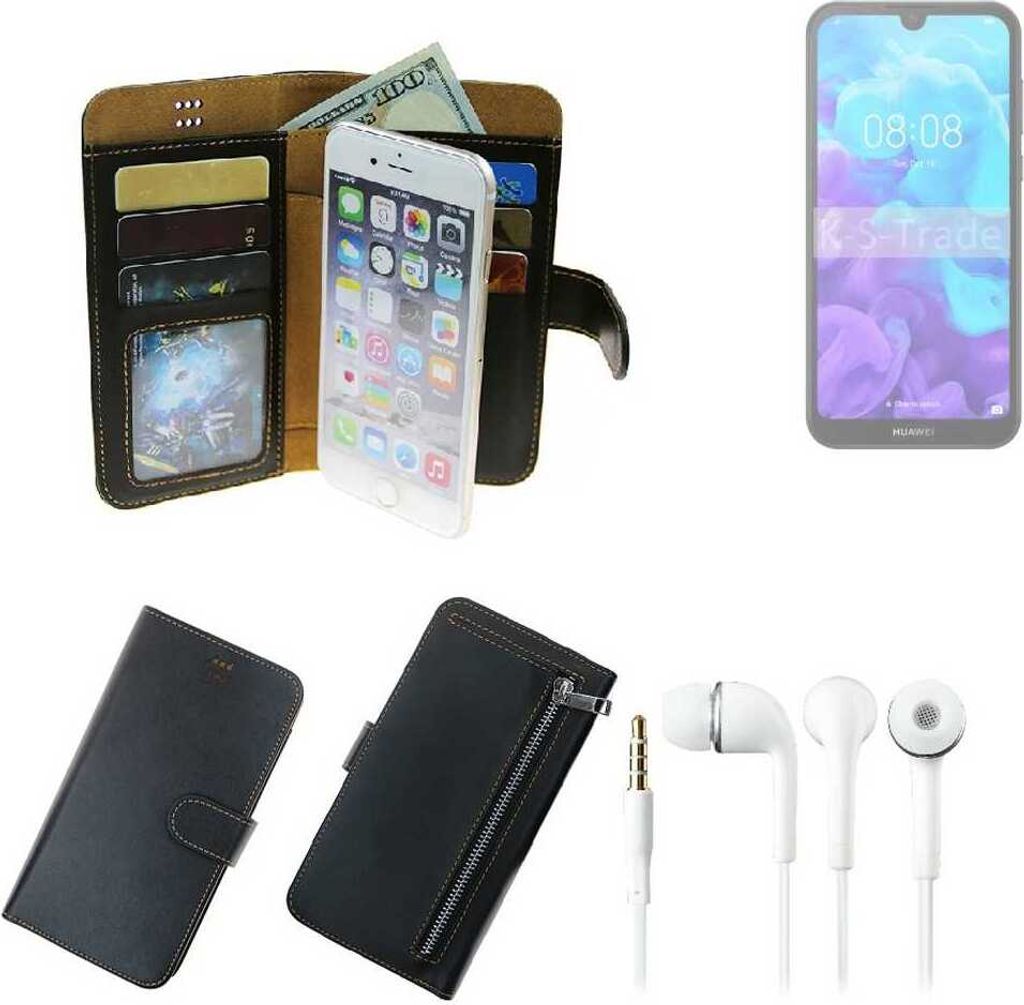 TOP SET Handy Hülle Schutz Hülle kompatibel mit Huawei Y5 (2019) schwarz aus Kunstleder + Kopfhörer Smartphone Tasche vollwertige Geldbörse
