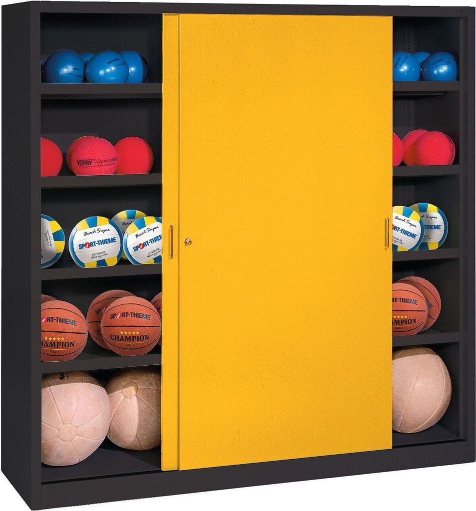 C+P Ballschrank mit Vollblech-Schiebetüren (Typ 4), HxBxT 195x160x50 cm, Verkehrsgelb (RAL 1023), Anthrazit (RAL 7021), Gleichschließung