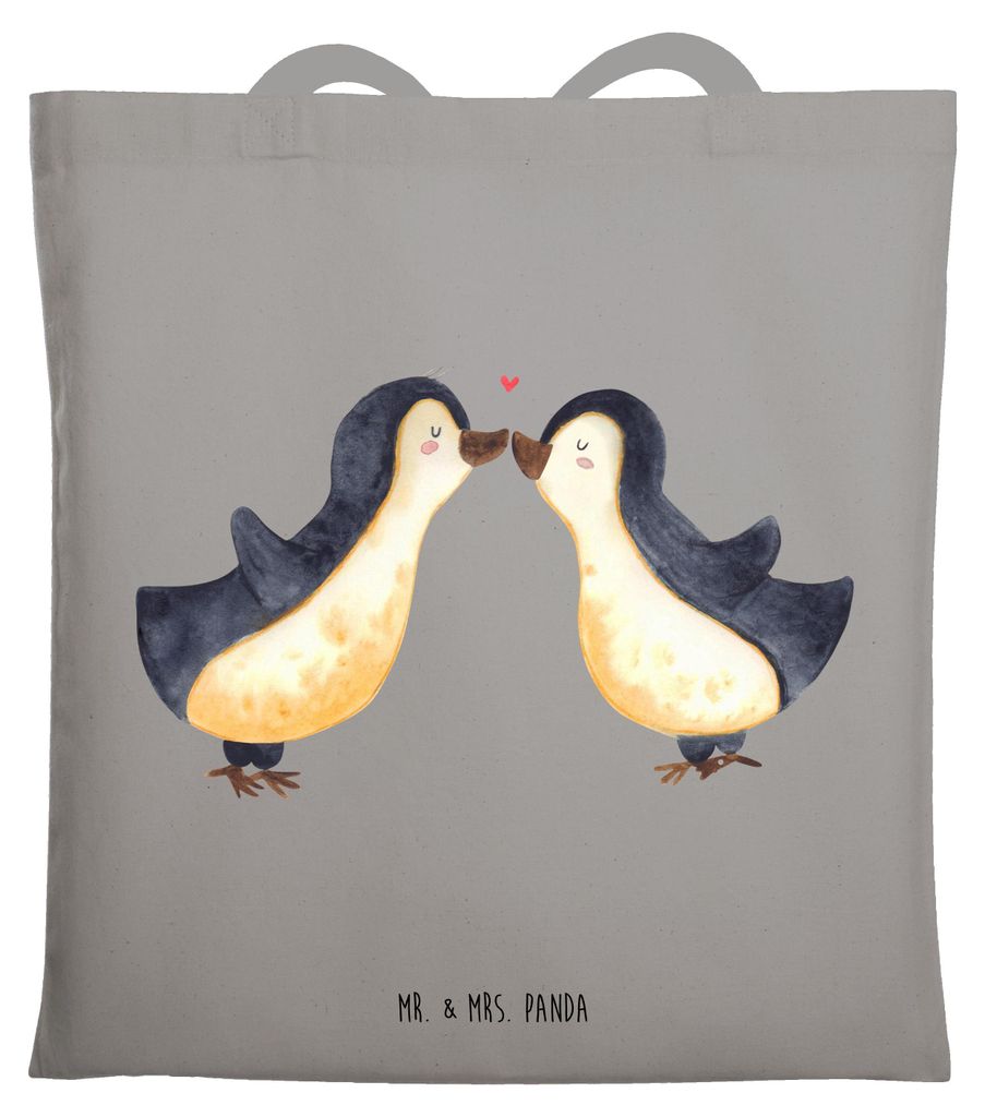 Mr. & Mrs. Panda Jutebeutel Pinguine Kuss - Light Grey - Geschenk, Mitbringsel, canvas tasche, Freund, Hochzeitstag, Valentinstag, Laptoptasche, f...